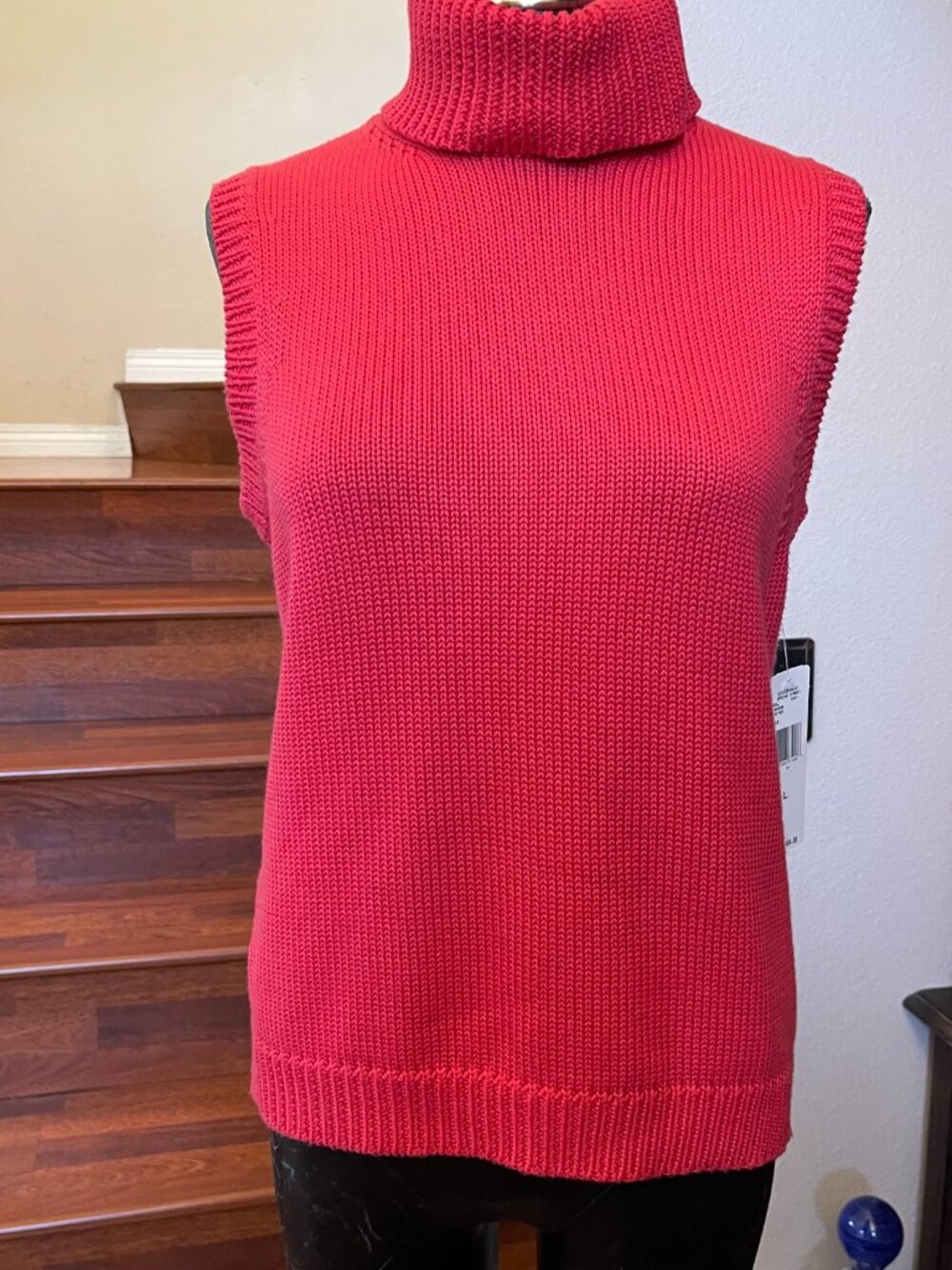 Rena Rowan Women's Knit Red Sleeveless Cotton Blend Turtleneck Top Large NEW